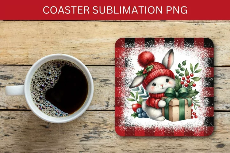 square coaster - rabbit bunny with christmas gift