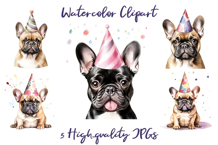 5 Birthday French Bulldog Clipart Party Hat Frenchie JPG