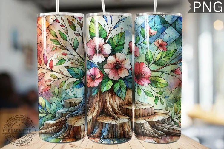 Watercolor Flower Wooden Stump Tumbler - High Quality 3Dpi