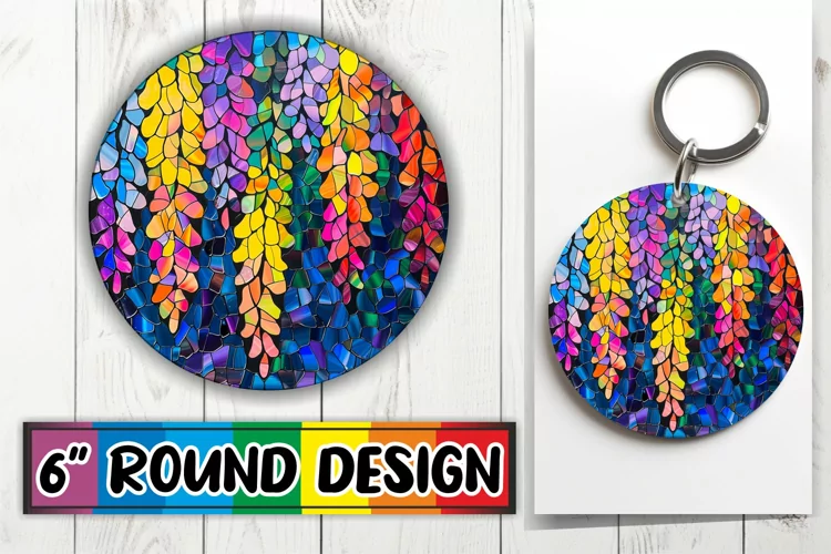 Keychain Colorful Stained Glass Tree Round Design