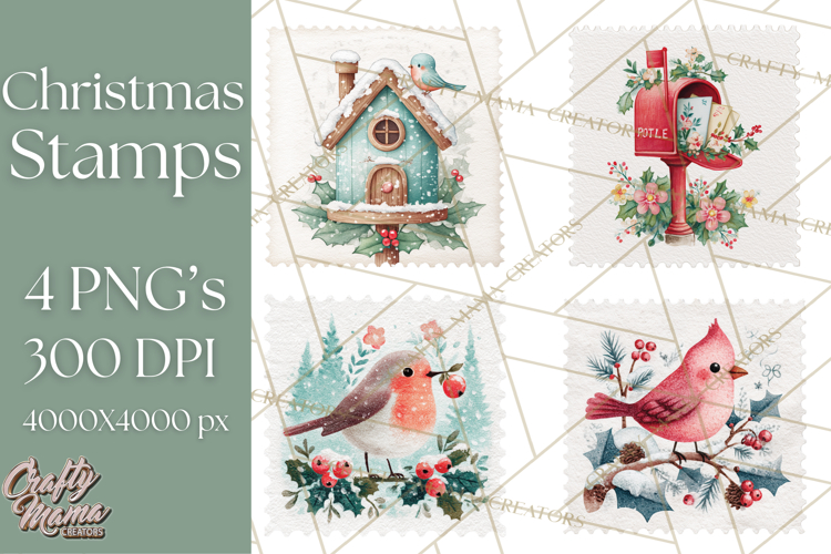 Vintage Christmas Stamp Clipart PNG Watercolor