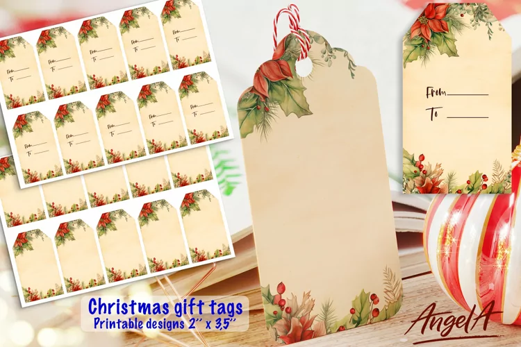 Retro Christmas printable gift tags, floral tags