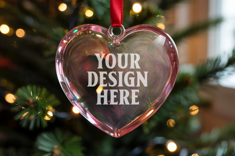 Christmas Heart Crystal Glass Ornament Mockup | Clear Heart