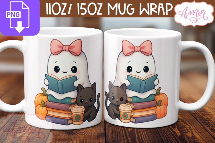 Cute Halloween mug wrap PNG, Book lover mug template
