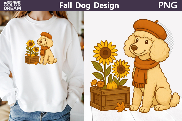 Fall Poodle Clipart | Autumn Dog with Sunflowers PNG