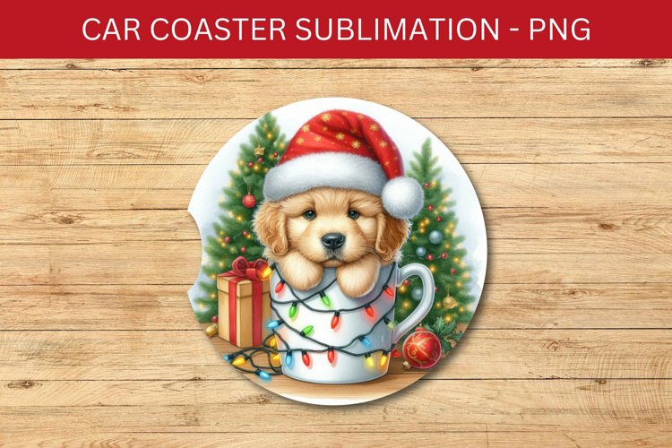 rounded car coaster - puppy in the mug example image 1