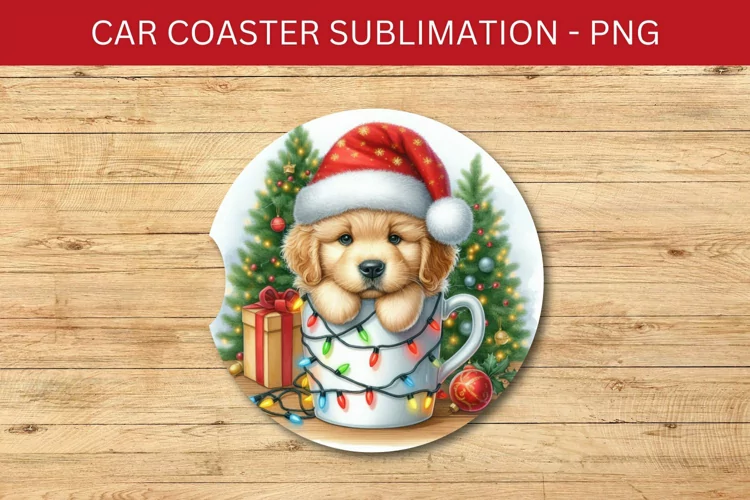 rounded car coaster - puppy in the mug