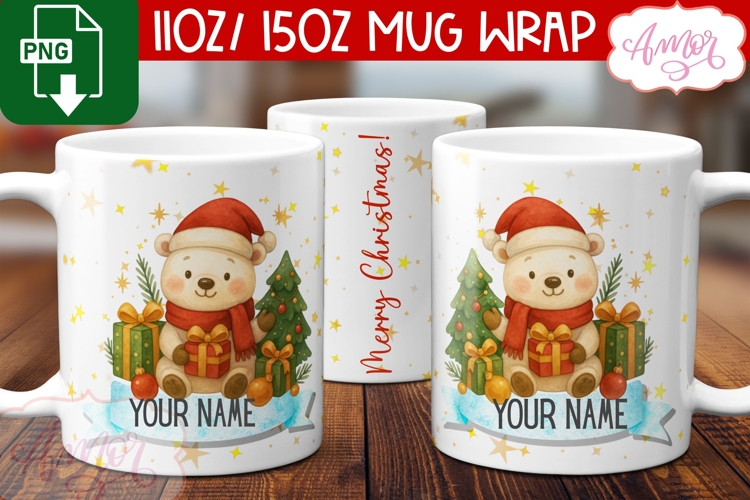 Custom Christmas mug wrap PNG, Polar bear mug PNG