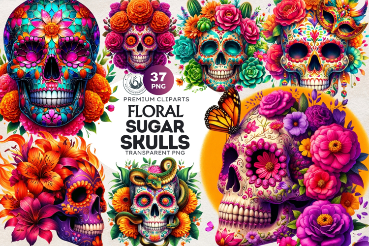 Floral Sugar Skull Day of the Dead Cliparts, dia de muertos