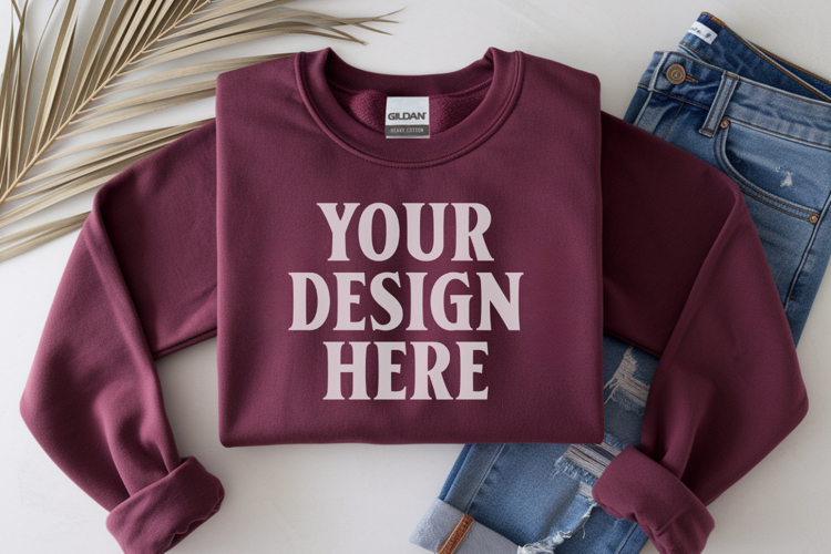 Maroon Gildan 18000 Folded Flat Lay Mockups