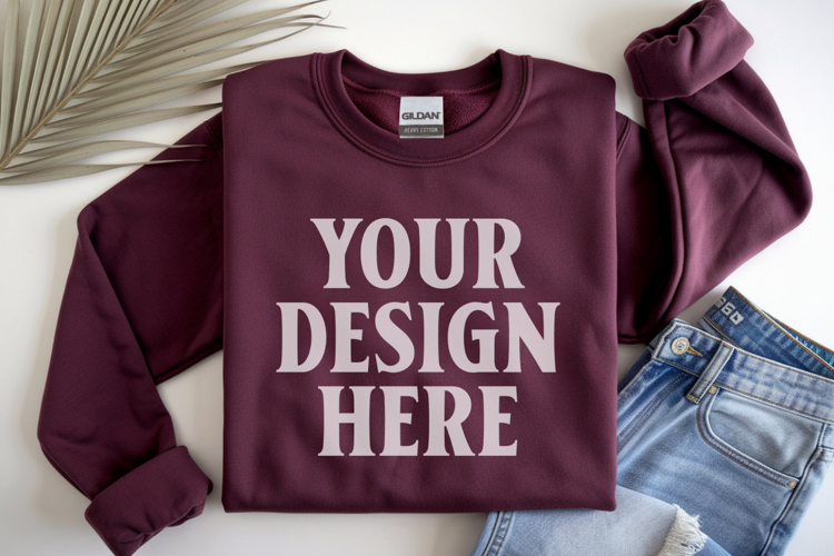 Maroon Gildan 18000 Folded Flat Lay Mockups
