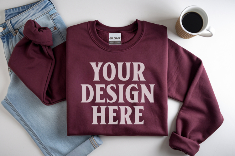 Maroon Gildan 18000 Folded Flat Lay Mockups