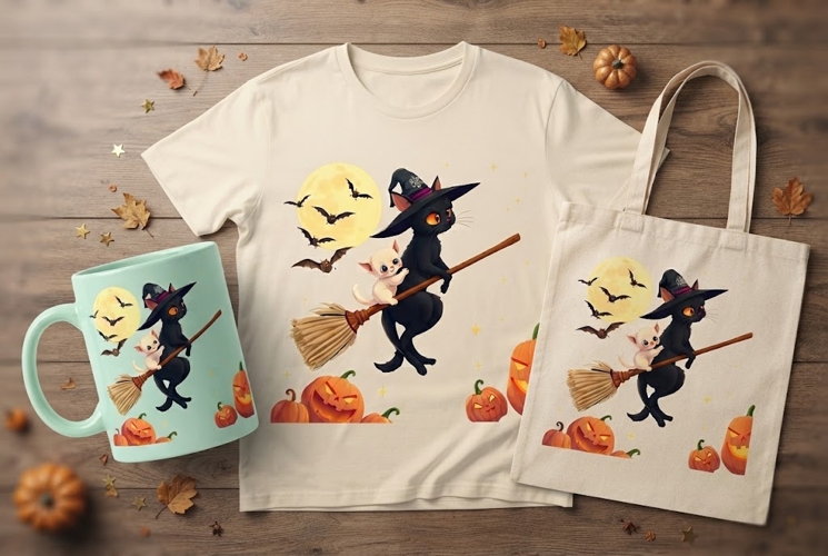Halloween Witch Cat PNG | Black Cat Flying Broom Clipart