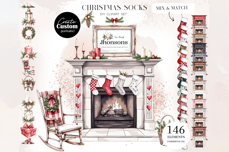 Christmas Socks DIY Clipart Set Portrait Creator