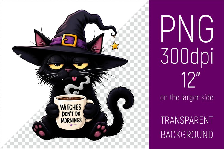 Funny Morning Coffee Cat in Witch Hat | Halloween Clipart example image 1