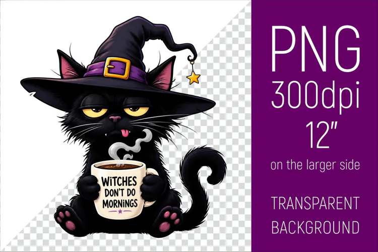 Funny Morning Coffee Cat in Witch Hat | Halloween Clipart