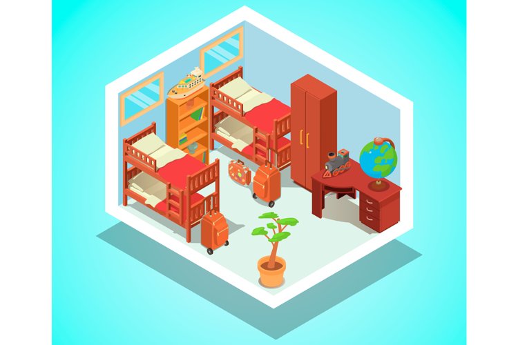 Hostel concept banner, isometric style
