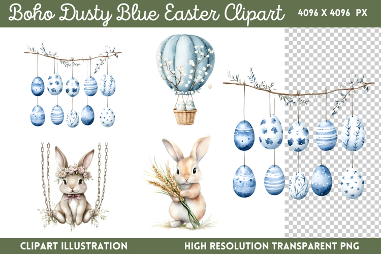 Boho Dusty Blue Easter Clipart PNG