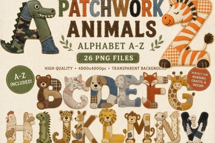 Patchwork Animals Alphabet PNG Bundle