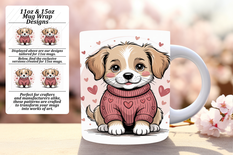 Stylish 15oz Mug Wrap Png Design , Valenines Animals