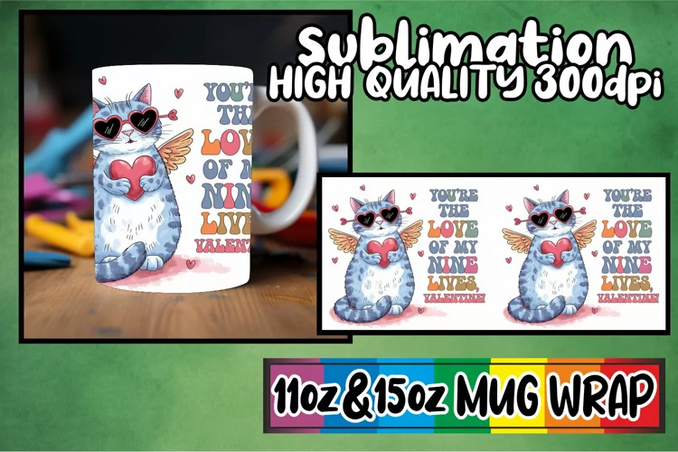 Whimsical views 11oz 15oz sublimation wrap, Valentines Cat