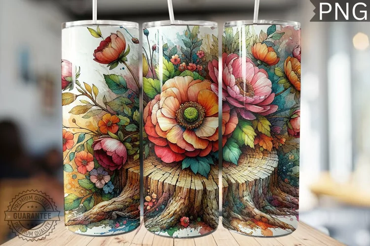 Watercolor Flower Wooden Stump Tumbler - High Quality 3Dpi