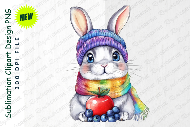 Cute Bunny With Hat Scarf Apple And Blueberries Clipart