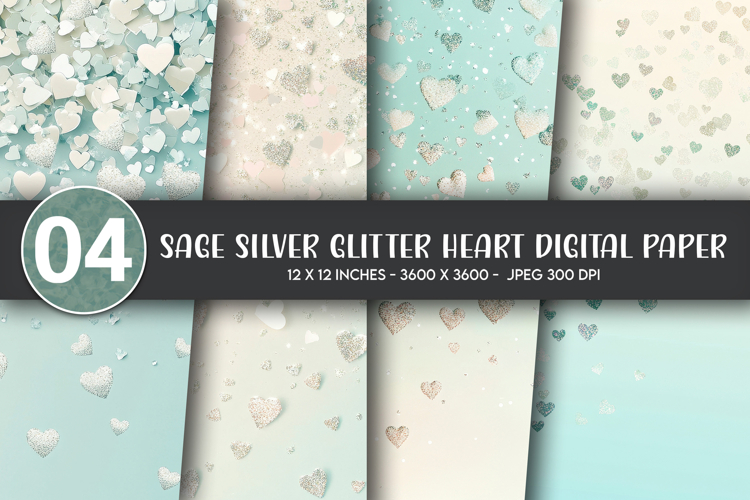 Sage Silver Glitter Heart Digital Paper