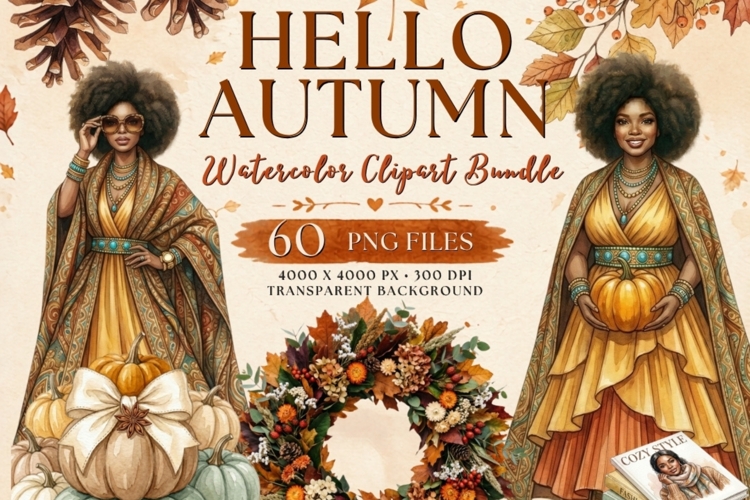 Hello Autumn Watercolor Clipart Bundle, Fall Pumpkin Leaves