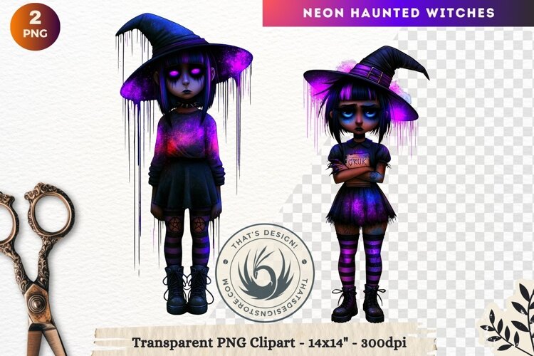 Neon Haunted Witches Clipart, Spooky Kawaii Halloween PNG example image 1