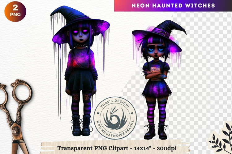 Neon Haunted Witches Clipart, Spooky Kawaii Halloween PNG