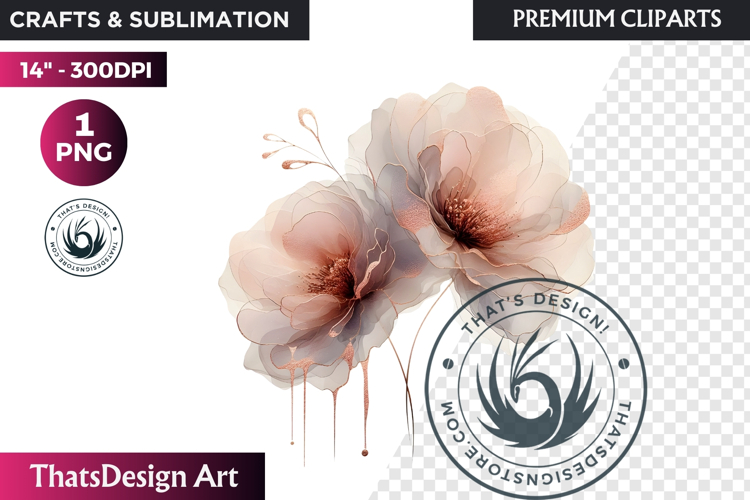 Rose Gold Pink flowers Clipart, Abstract Flowers Wedding PNG