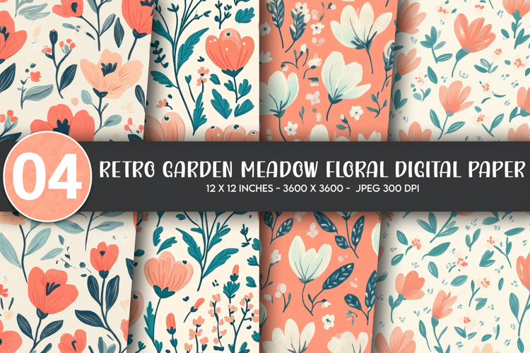 Retro Garden Meadow Floral Digital Paper