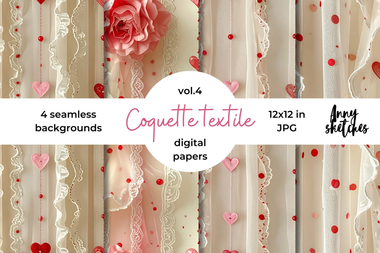 Coquette Textile Valentine Digital Paper Kit Rococo Patterns