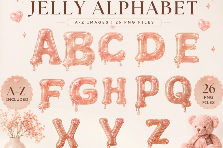 Soft Nude Blush Jelly Alphabet PNG Bundle, A-Z Letters