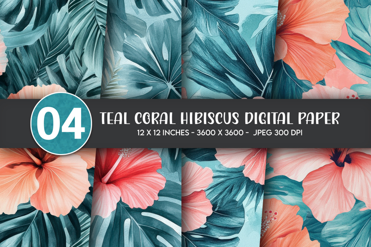 Teal Coral Hibiscus Digital Paper