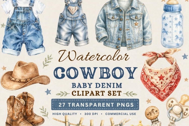 Cowboy Baby Denim Clipart Bundle