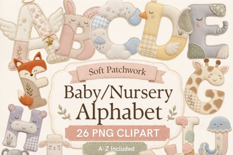 Soft Patchwork Baby Alphabet PNG Bundle
