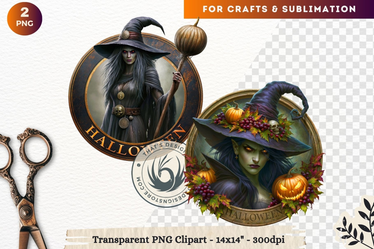 Dark Fantasy Halloween Witches Medallion Clipart sublimation