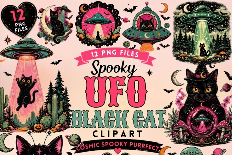 Spooky UFO Black Cat Clipart Bundle