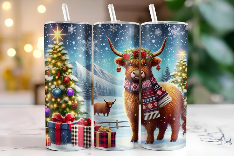 Christmas Highland Cow Tumbler Wrap | Sublimation | Tumblers