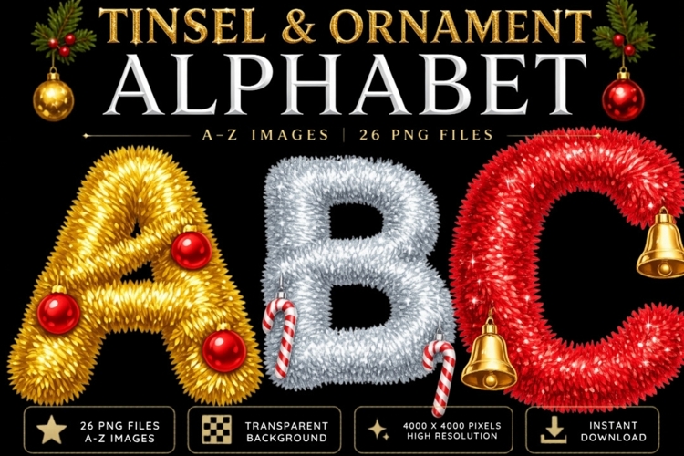 Tinsel and Ornament Christmas Alphabet PNG Bundle