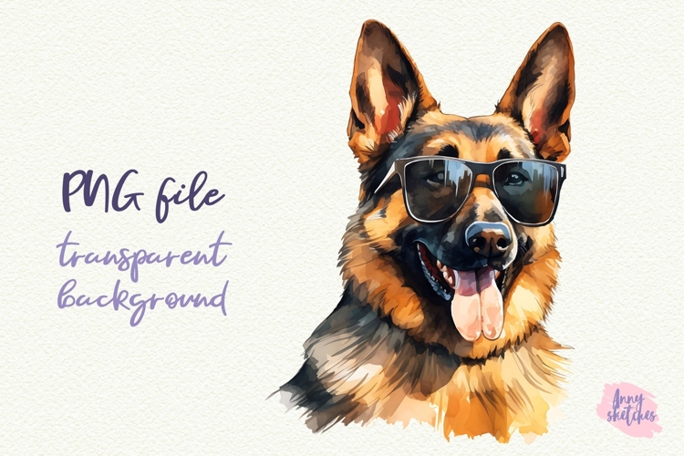 German Shepherd in Sunglasses Cool Dog Watercolor Clipart