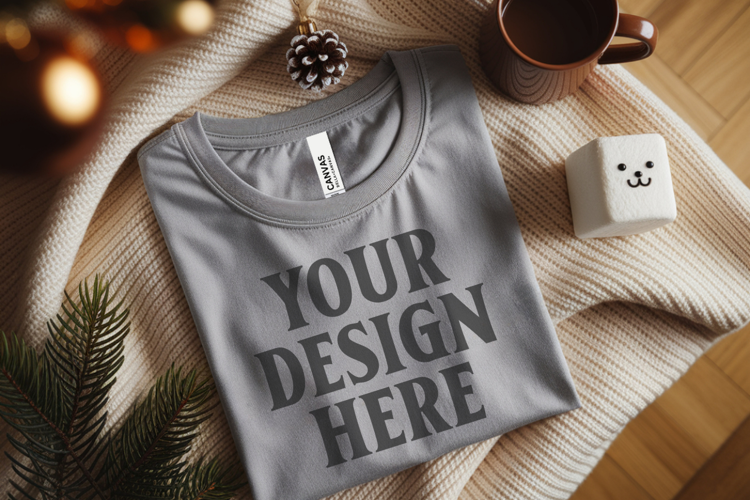 Christmas Bella Canvas 3001 Ash Folded Tshirt Mockup