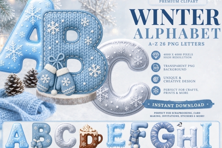 Winter Alphabet PNG Bundle | Snowflake Letters A-Z | Frosty