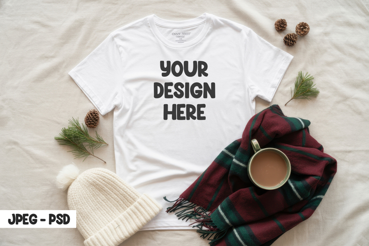 White Tee PSD Mockup Flatlay Cozy