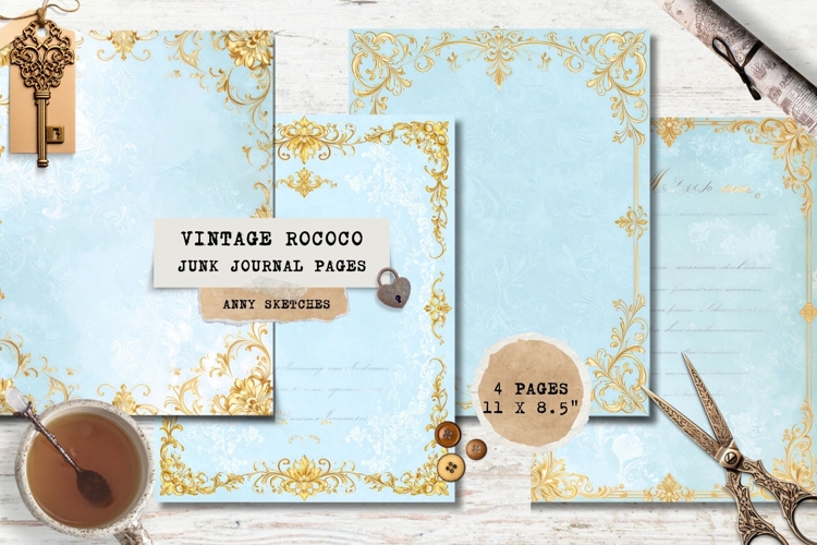 4 Rococo Calligraphy Script Page Blue Vintage Paper Gold