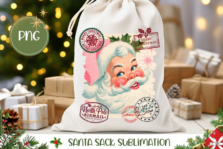 Vintage Christmas Santa Sack, Santa Claus Gift Bag Print