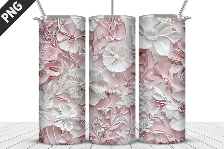 3D White Flowers Tumbler Wrap | Sublimation Design | Tumbler example image 1