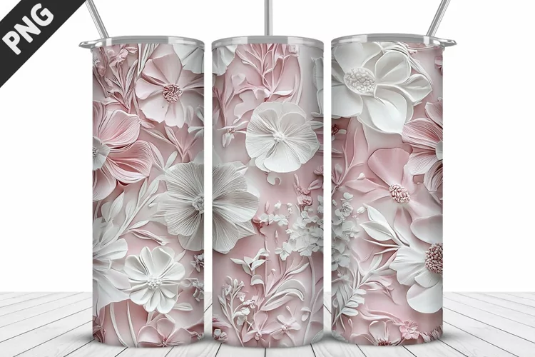 3D White Flowers Tumbler Wrap | Sublimation Design | Tumbler